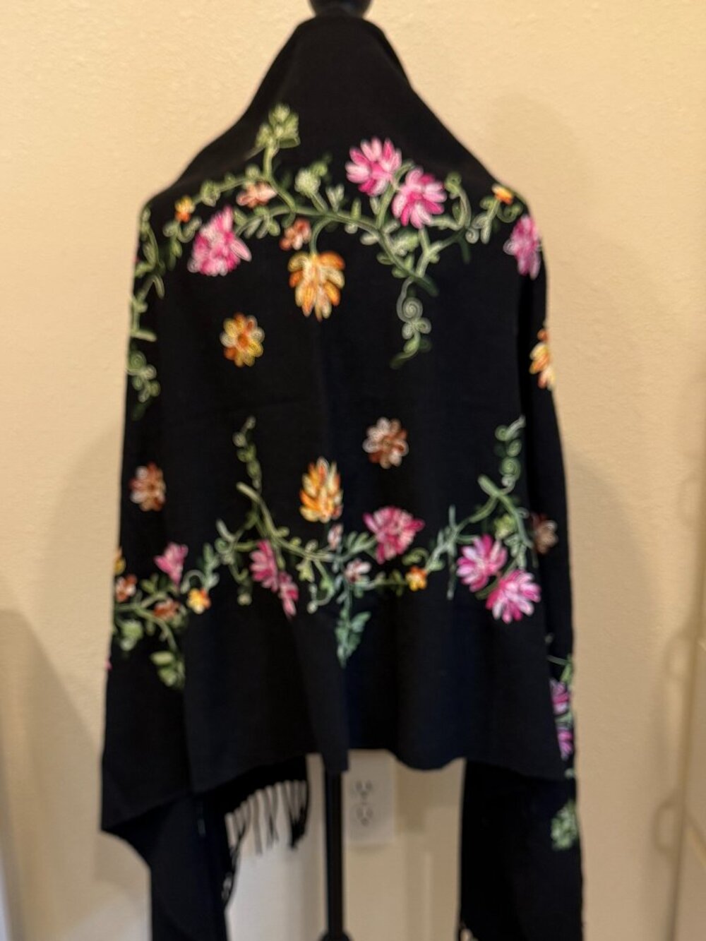 Embroidered Shawl Pashmina Blanket Fabric Black Floral with Fringe 69" by 29"